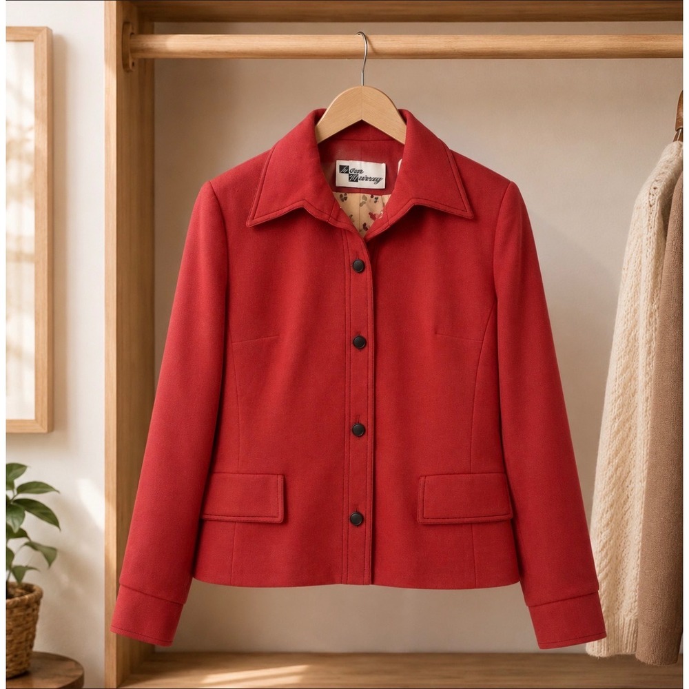 Vintage Ann Murray Red Wool Jacket Womens Cropped Button Front Lined Coat - Picture 1 of 16